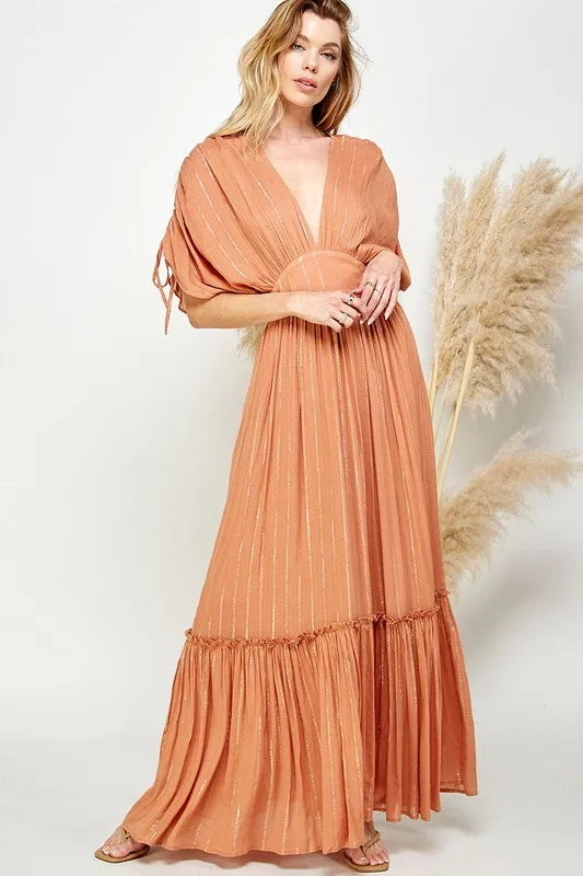 Copper Ruched Tiered V Neck Lurex Insert Maxi Dress