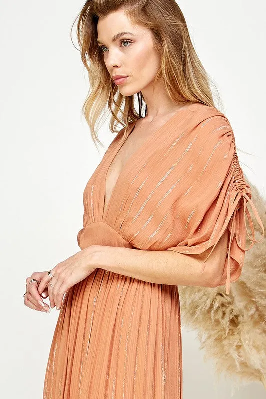 Copper Ruched Tiered V Neck Lurex Insert Maxi Dress