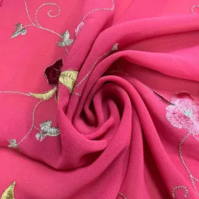 Dark Pink Embroidered Floral Chiffon Fabric