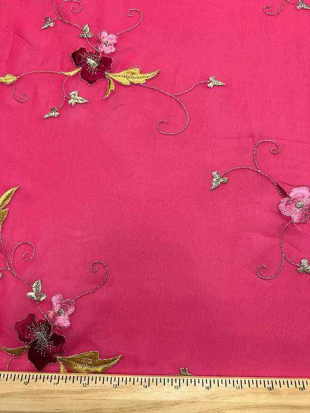 Dark Pink Embroidered Floral Chiffon Fabric