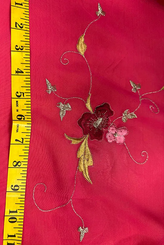 Dark Pink Embroidered Floral Chiffon Fabric