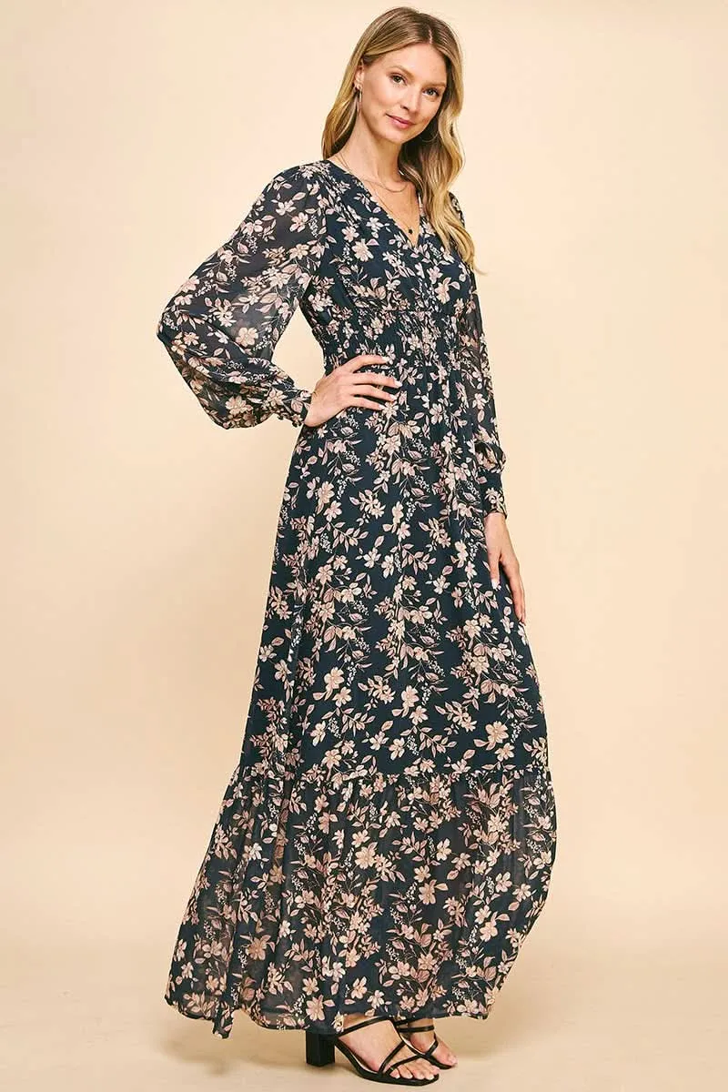 Deep Navy Floral Print Maxi Long Sleeve Dress