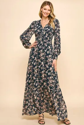 Deep Navy Floral Print Maxi Long Sleeve Dress