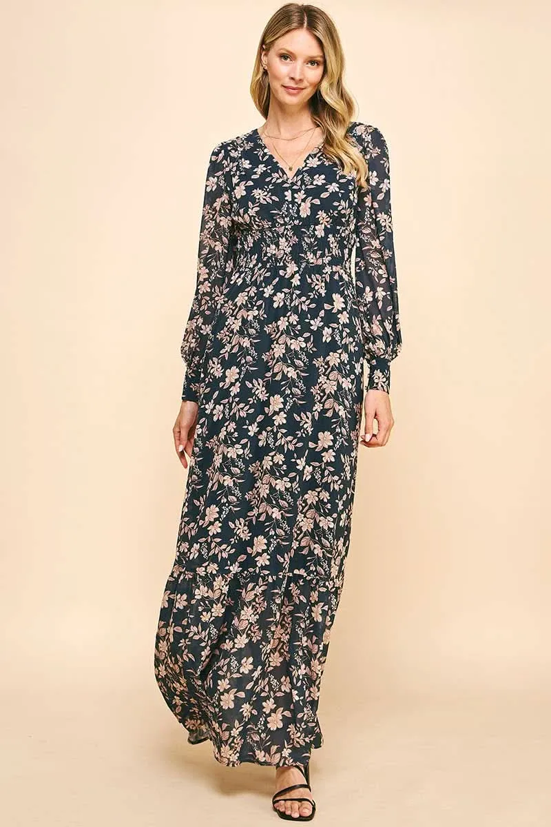 Deep Navy Floral Print Maxi Long Sleeve Dress