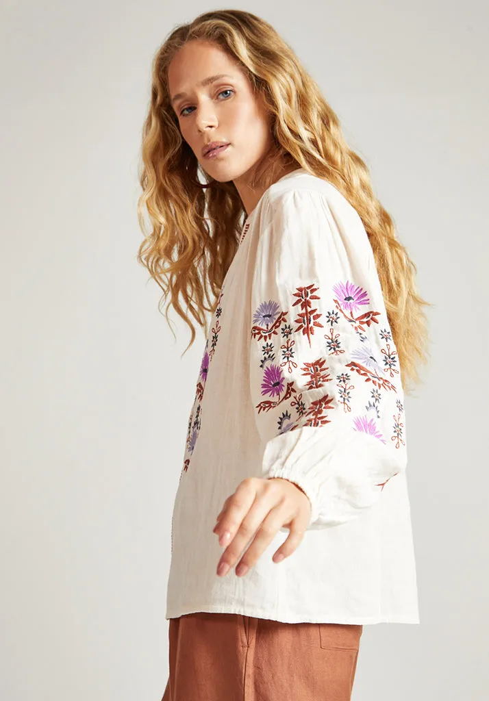 Dina V-Neck Embroidered Shirt In Cream