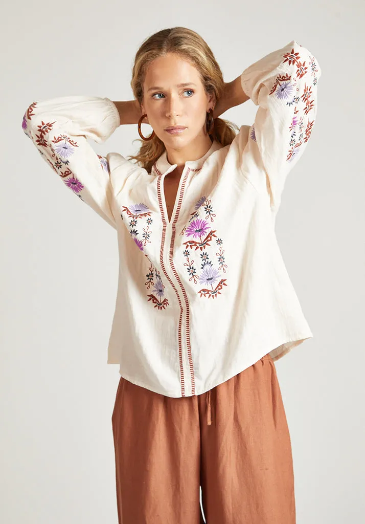 Dina V-Neck Embroidered Shirt In Cream