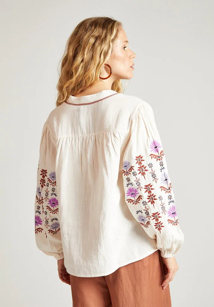 Dina V-Neck Embroidered Shirt In Cream