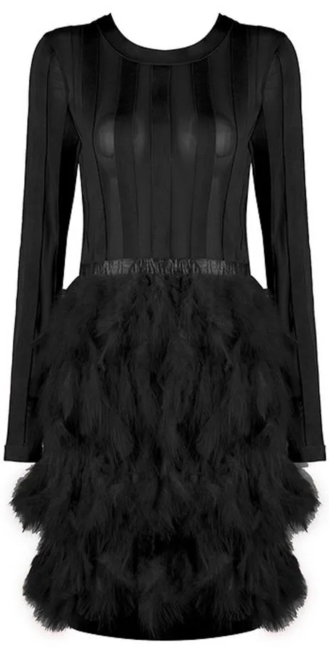 Feather-Tiered Mesh-Paneled Mini Cocktail Dress, Black