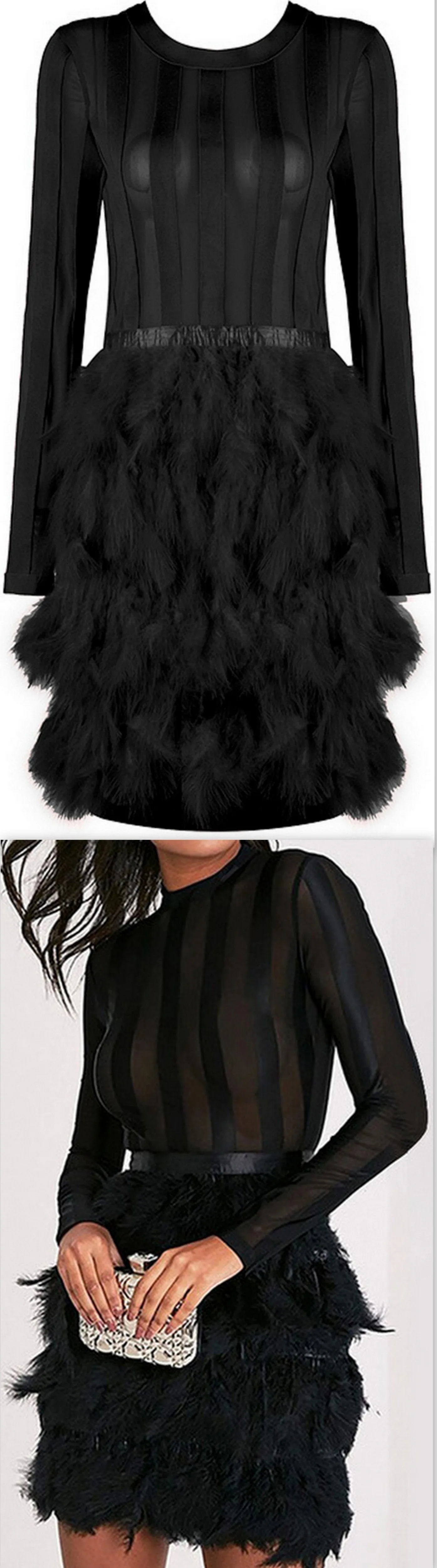 Feather-Tiered Mesh-Paneled Mini Cocktail Dress, Black