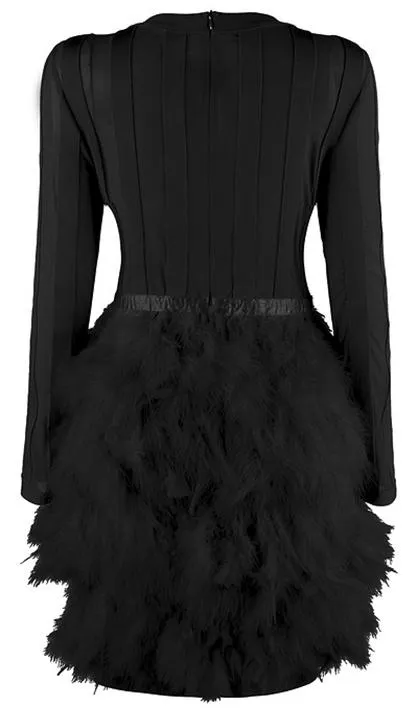 Feather-Tiered Mesh-Paneled Mini Cocktail Dress, Black