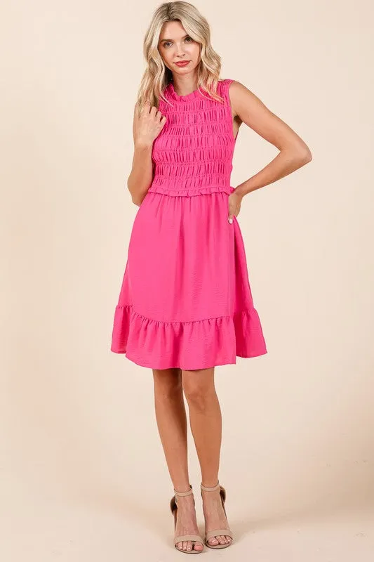 Fuchsia Sleeveless Smocked Ruffle Hem Shirred Mini Dress