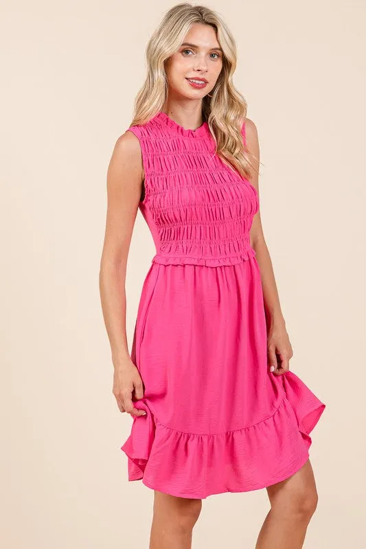 Fuchsia Sleeveless Smocked Ruffle Hem Shirred Mini Dress