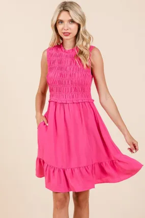 Fuchsia Sleeveless Smocked Ruffle Hem Shirred Mini Dress