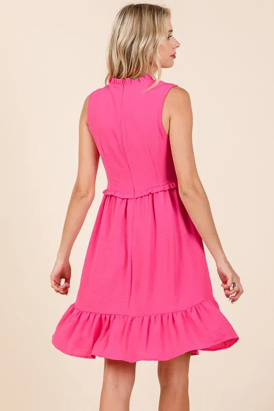 Fuchsia Sleeveless Smocked Ruffle Hem Shirred Mini Dress