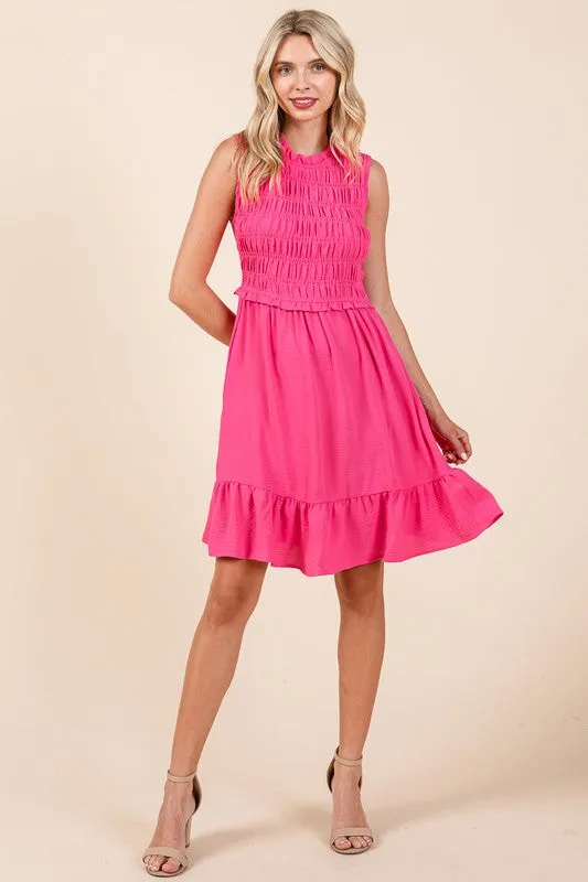 Fuchsia Sleeveless Smocked Ruffle Hem Shirred Mini Dress