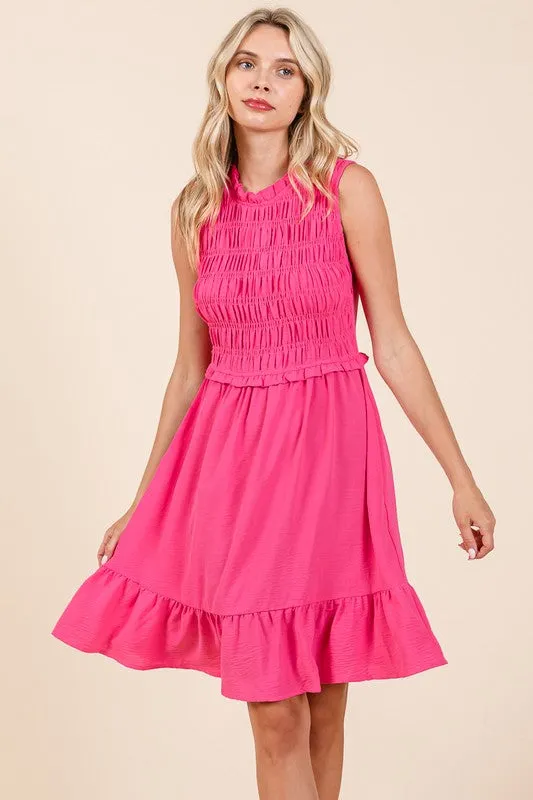 Fuchsia Sleeveless Smocked Ruffle Hem Shirred Mini Dress