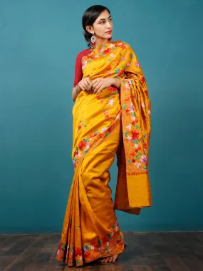 Golden Mustard Red Purple Green Aari Embroidered Bhagalpuri Silk Saree From Kashmir  - S031703056