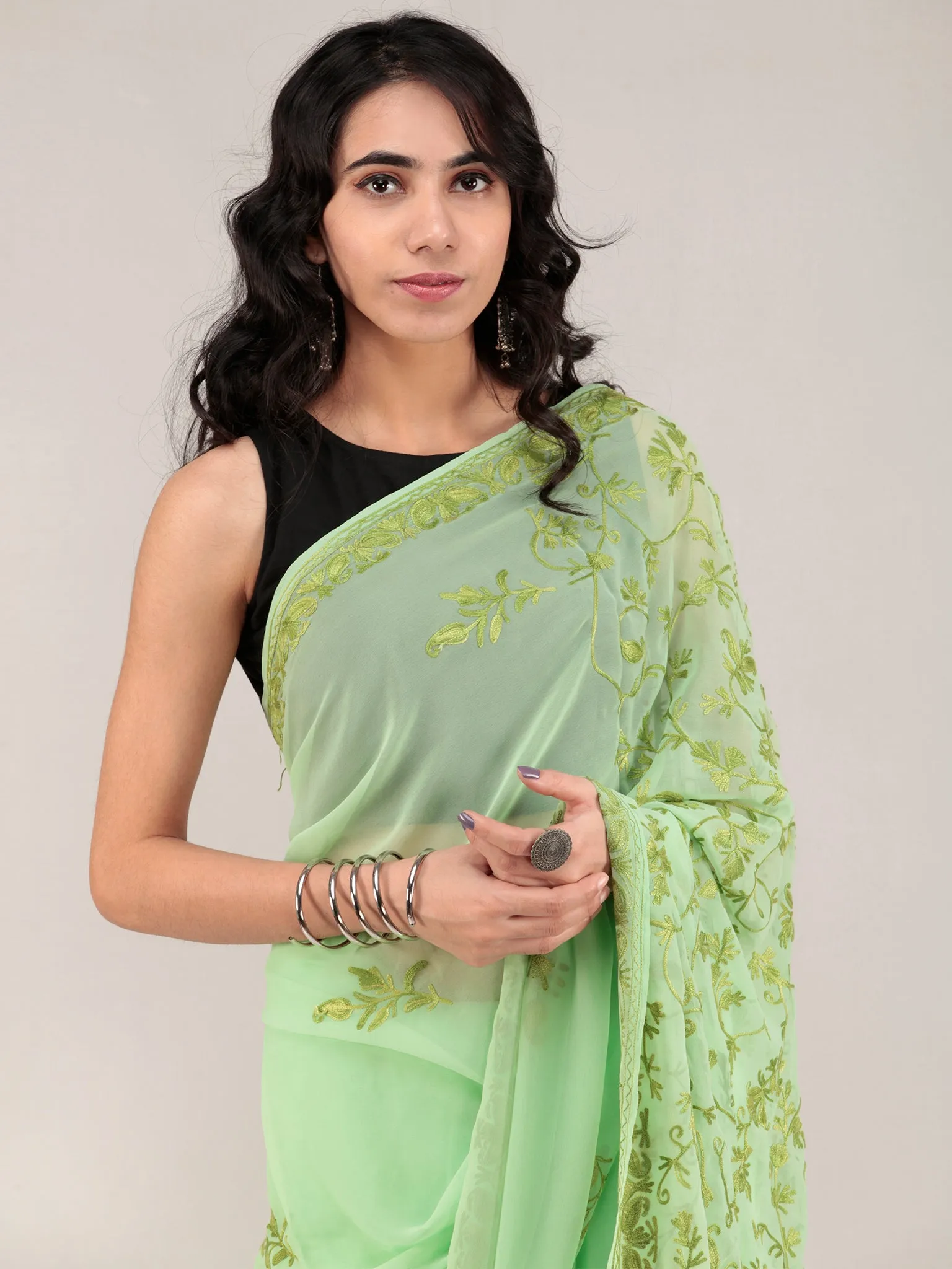 Green Aari Embroidered Georgette Saree From Kashmir - S031704655