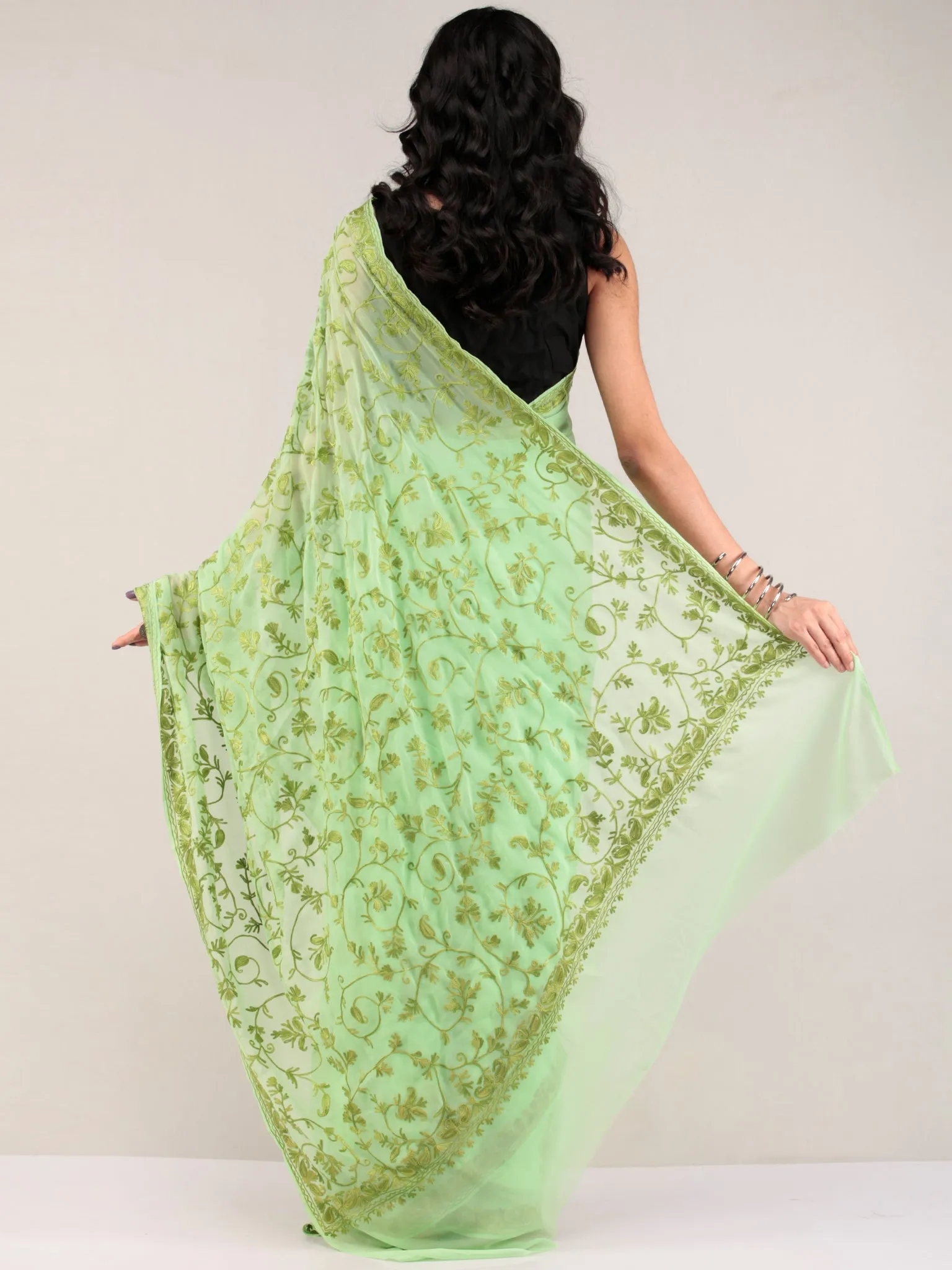 Green Aari Embroidered Georgette Saree From Kashmir - S031704655