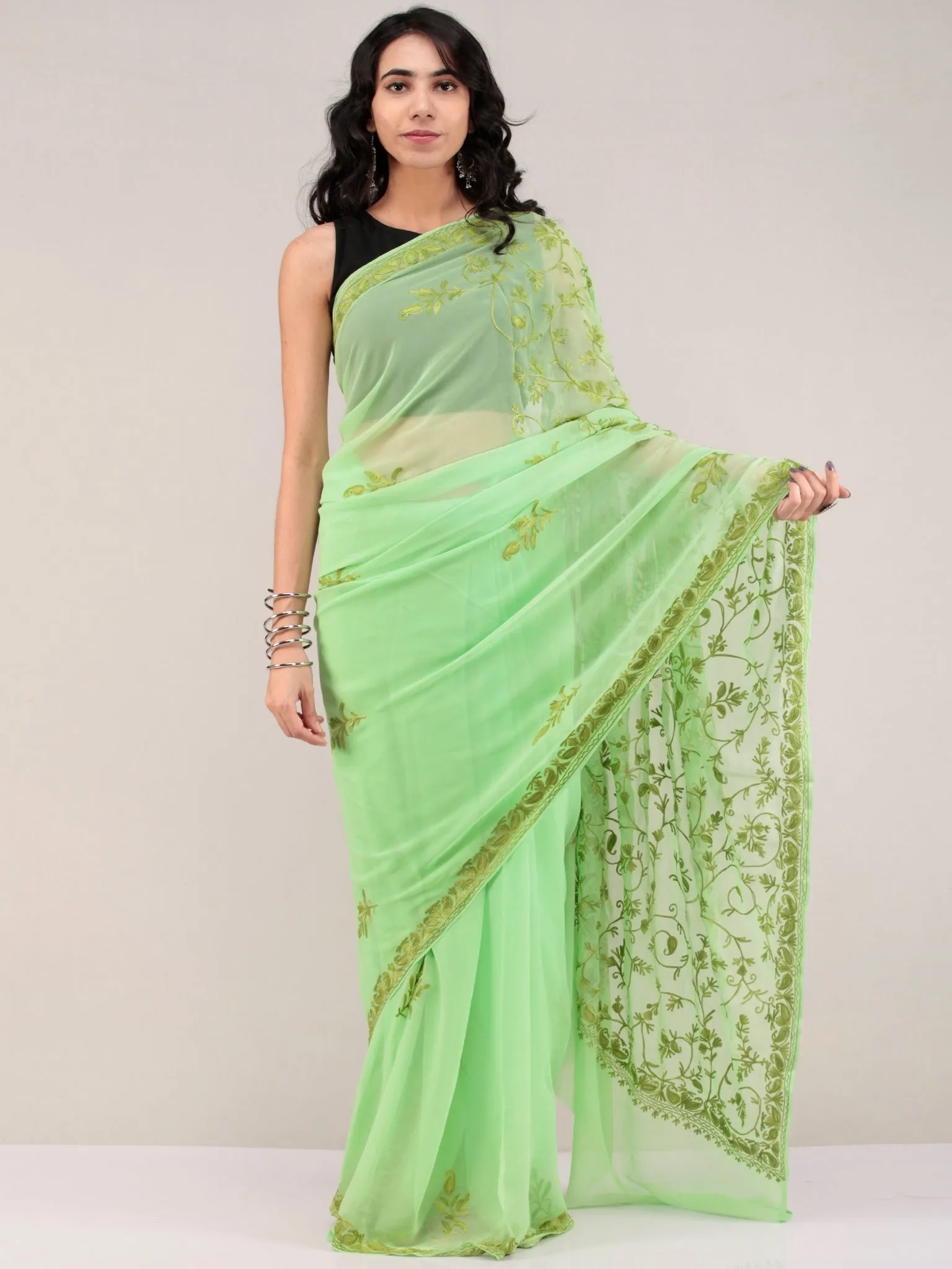 Green Aari Embroidered Georgette Saree From Kashmir - S031704655