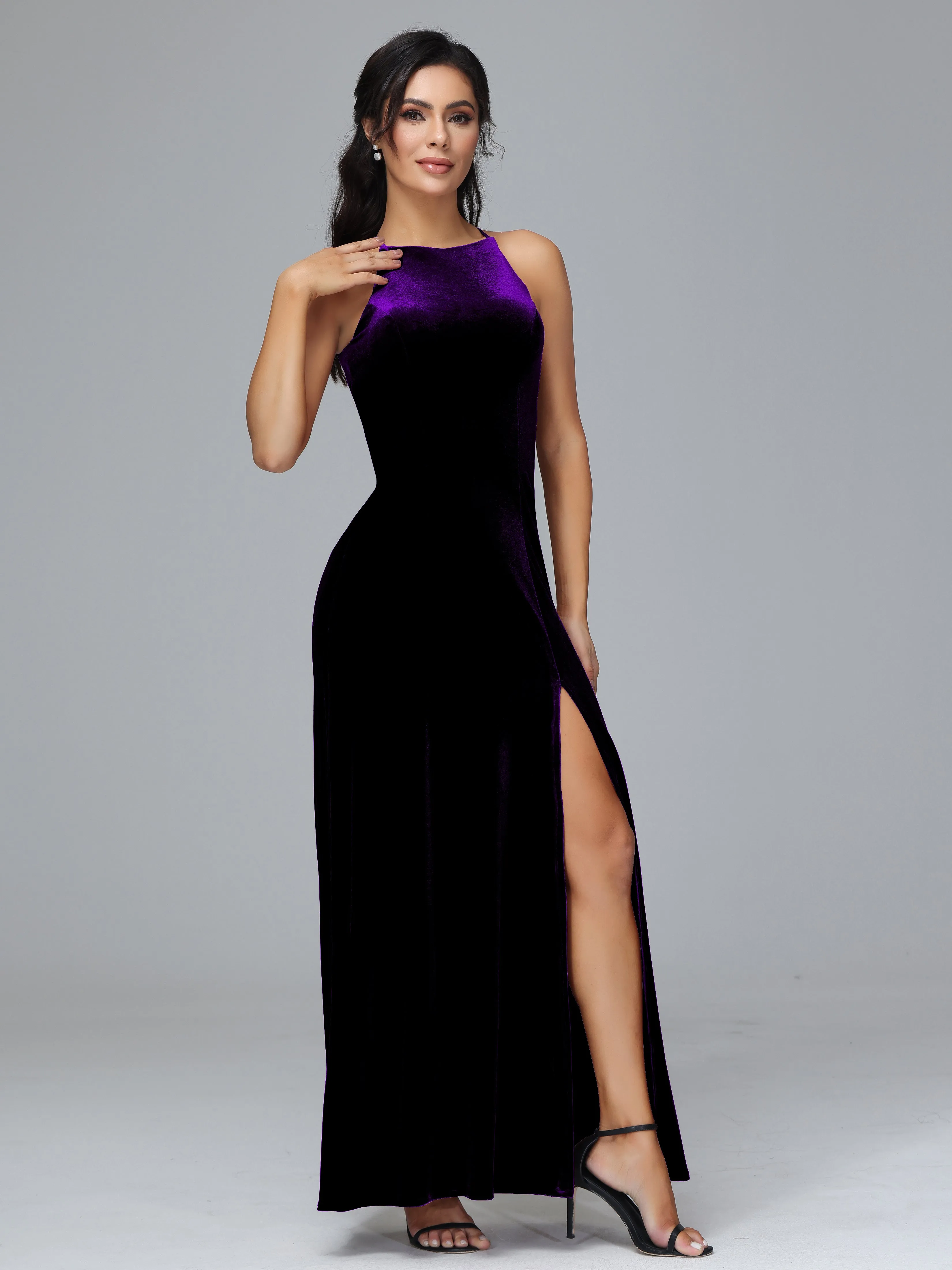 Halter Sleeveless Velvet Bridesmaid Dresses With Split