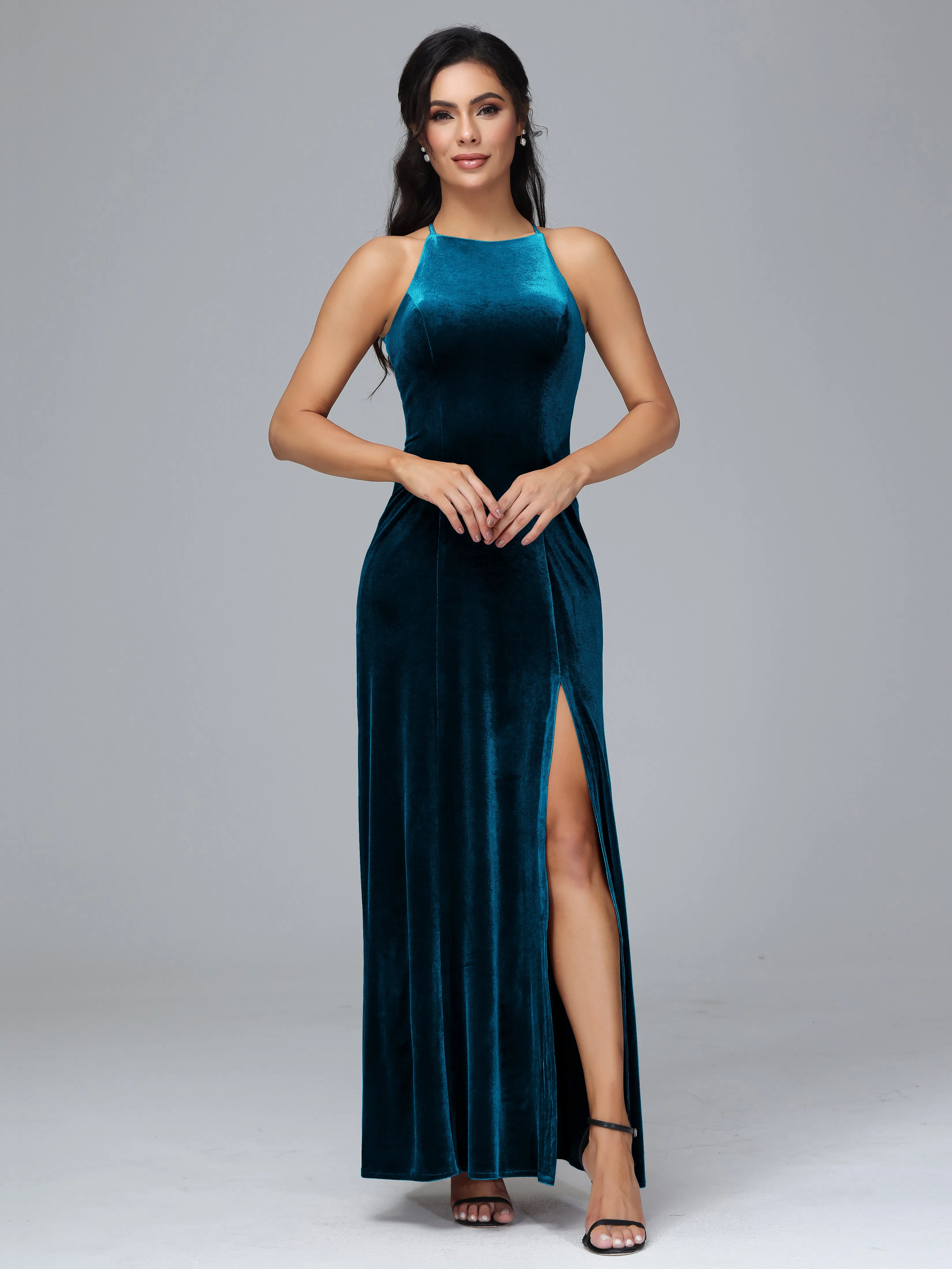 Halter Sleeveless Velvet Bridesmaid Dresses With Split