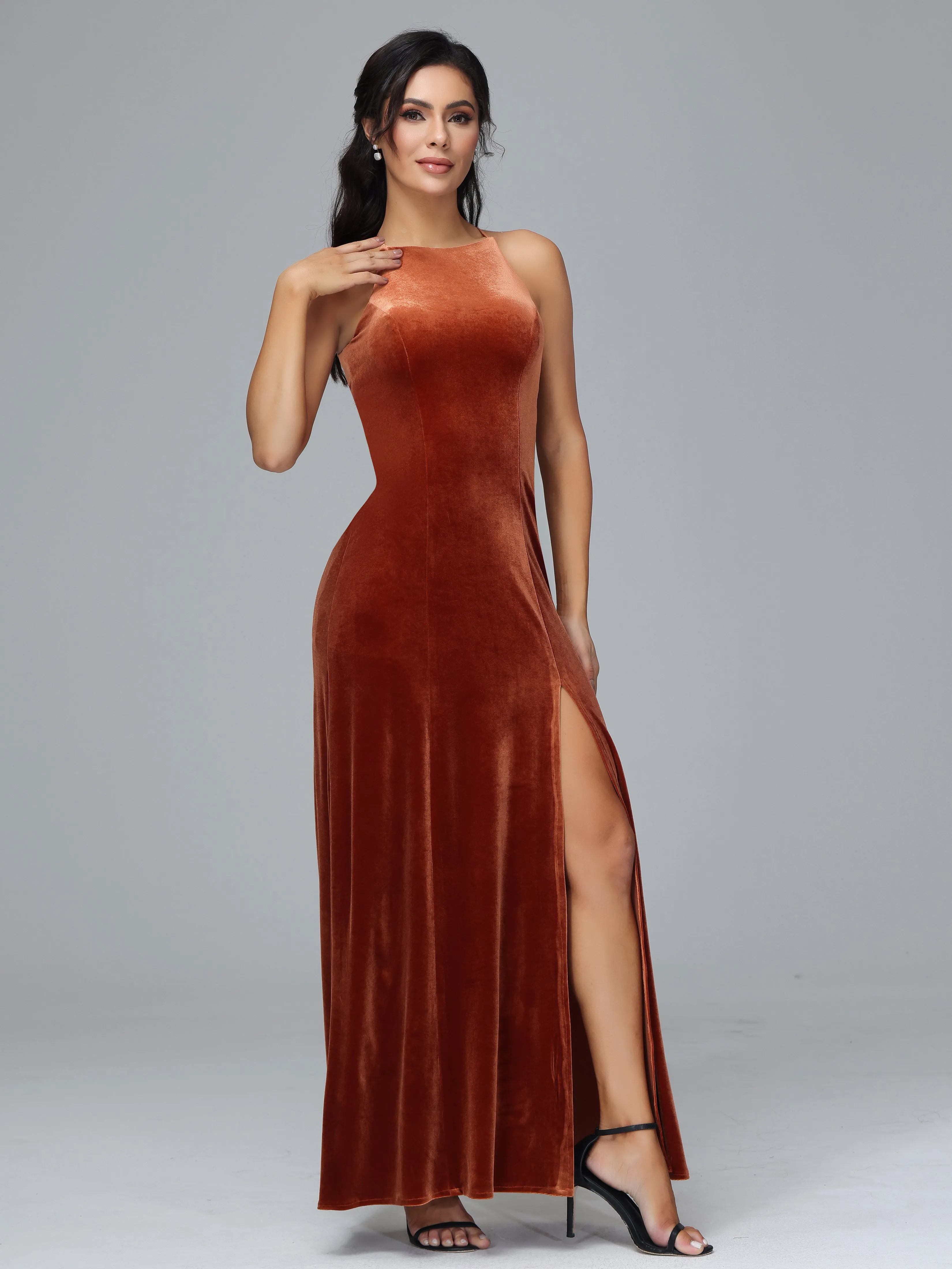 Halter Sleeveless Velvet Bridesmaid Dresses With Split