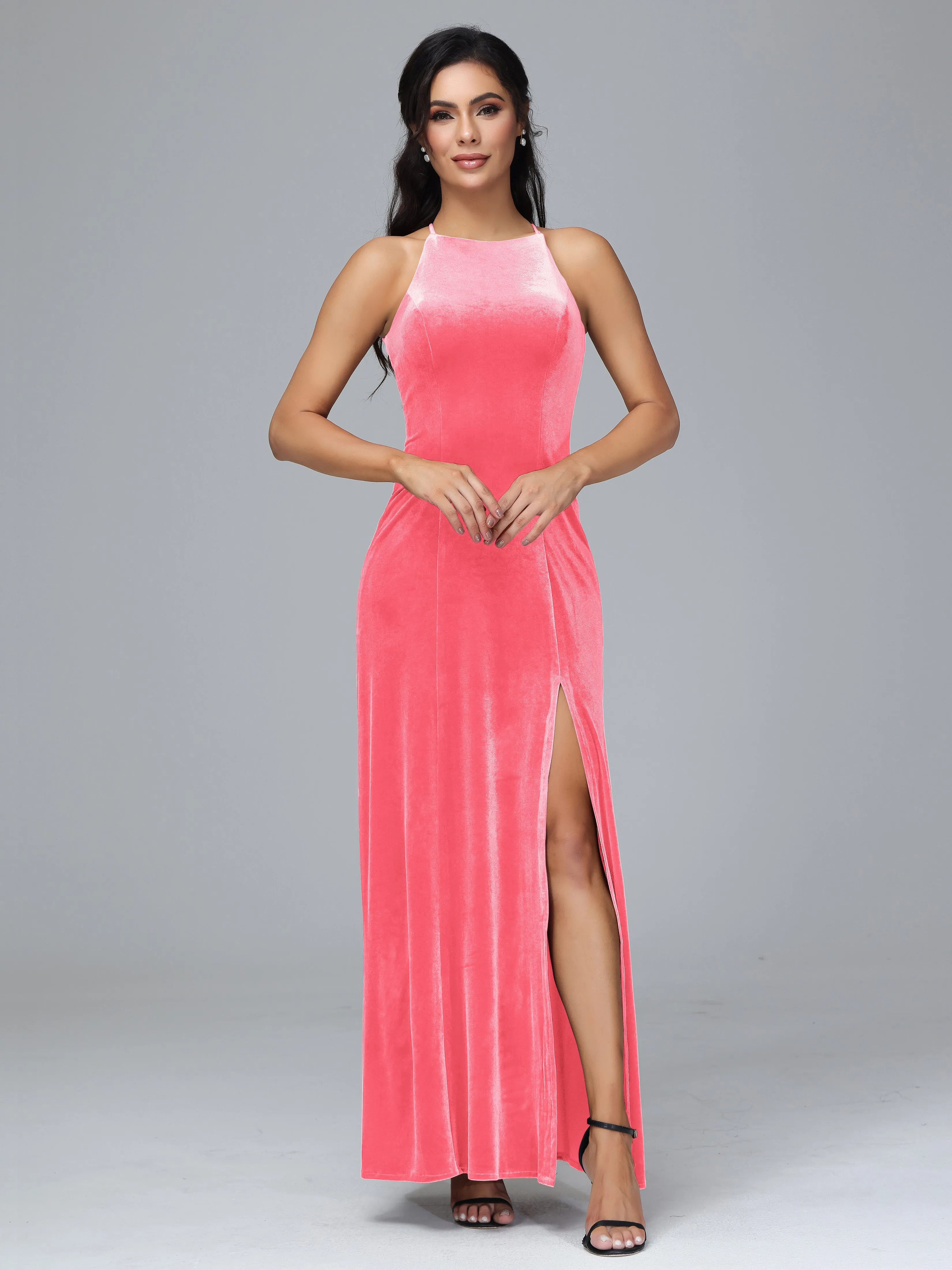 Halter Sleeveless Velvet Bridesmaid Dresses With Split