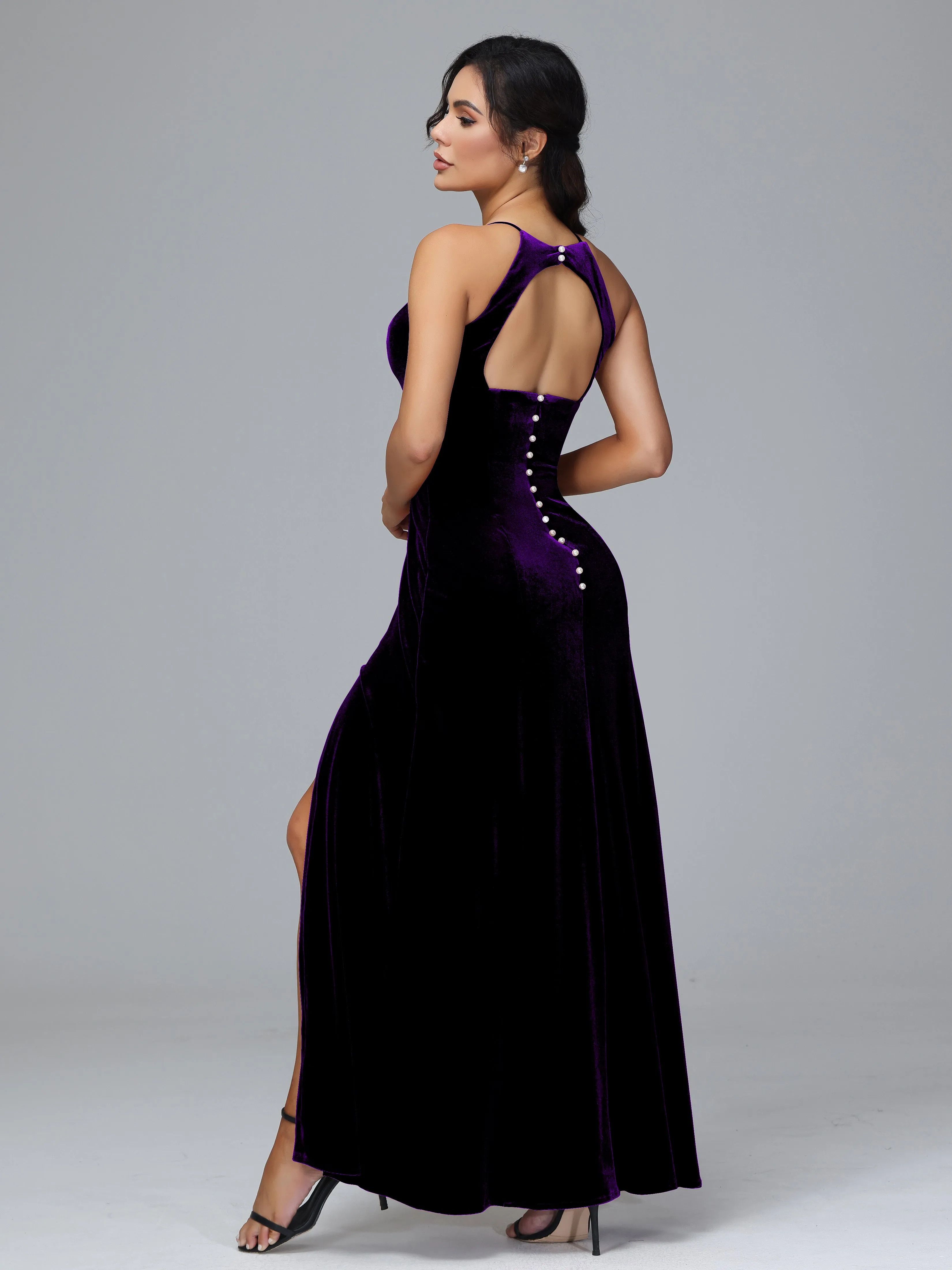 Halter Sleeveless Velvet Bridesmaid Dresses With Split