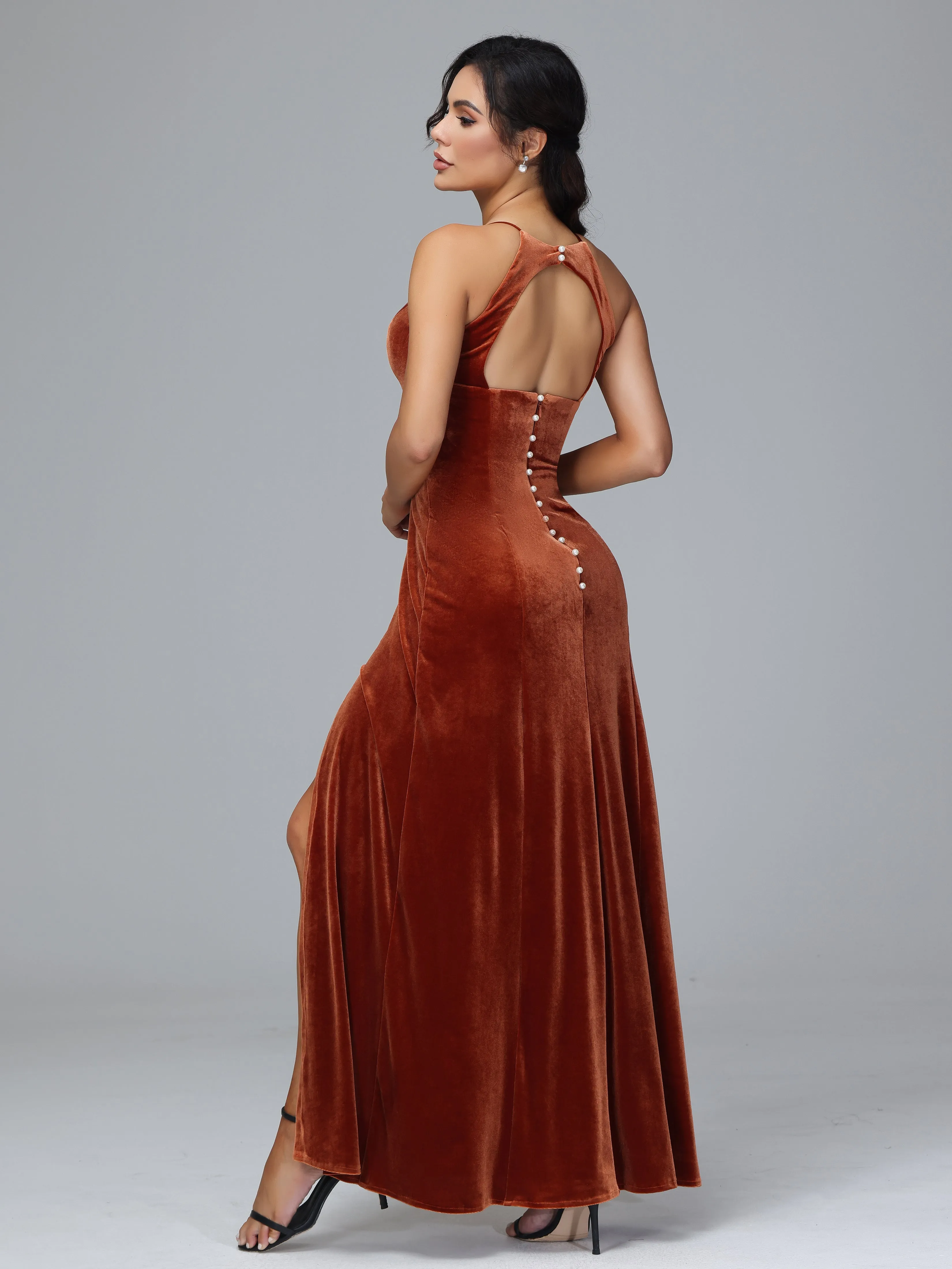 Halter Sleeveless Velvet Bridesmaid Dresses With Split