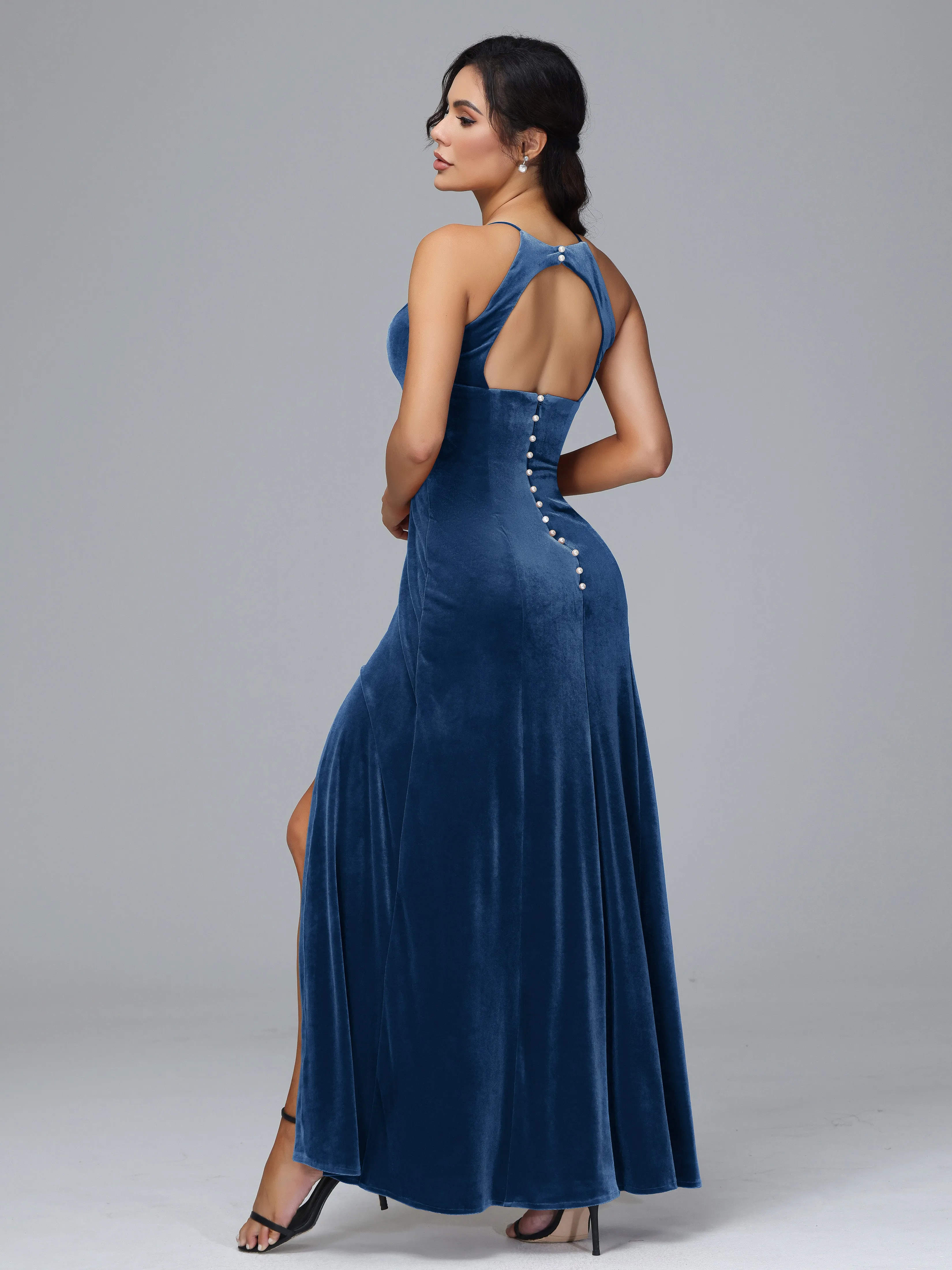 Halter Sleeveless Velvet Bridesmaid Dresses With Split