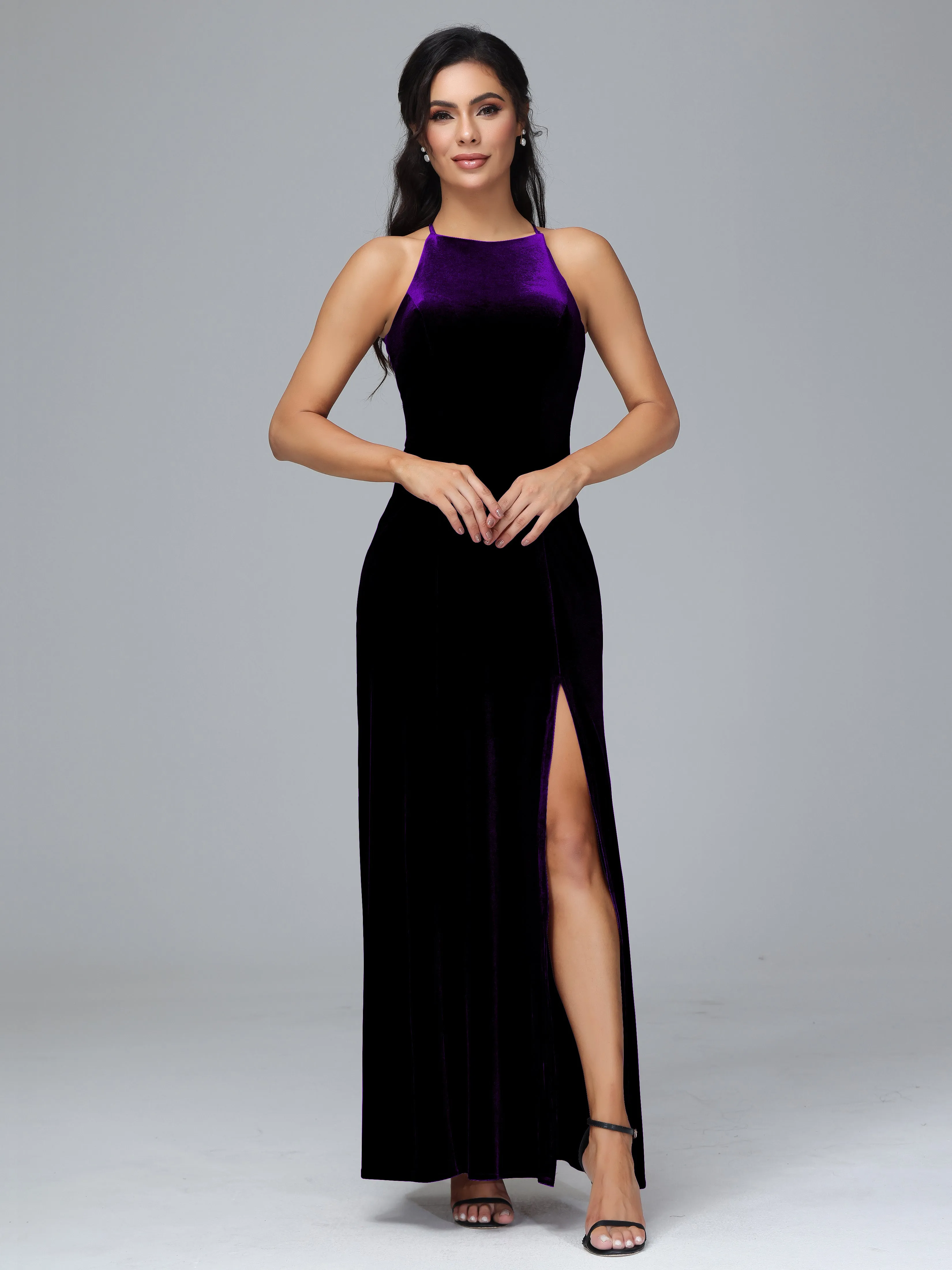 Halter Sleeveless Velvet Bridesmaid Dresses With Split