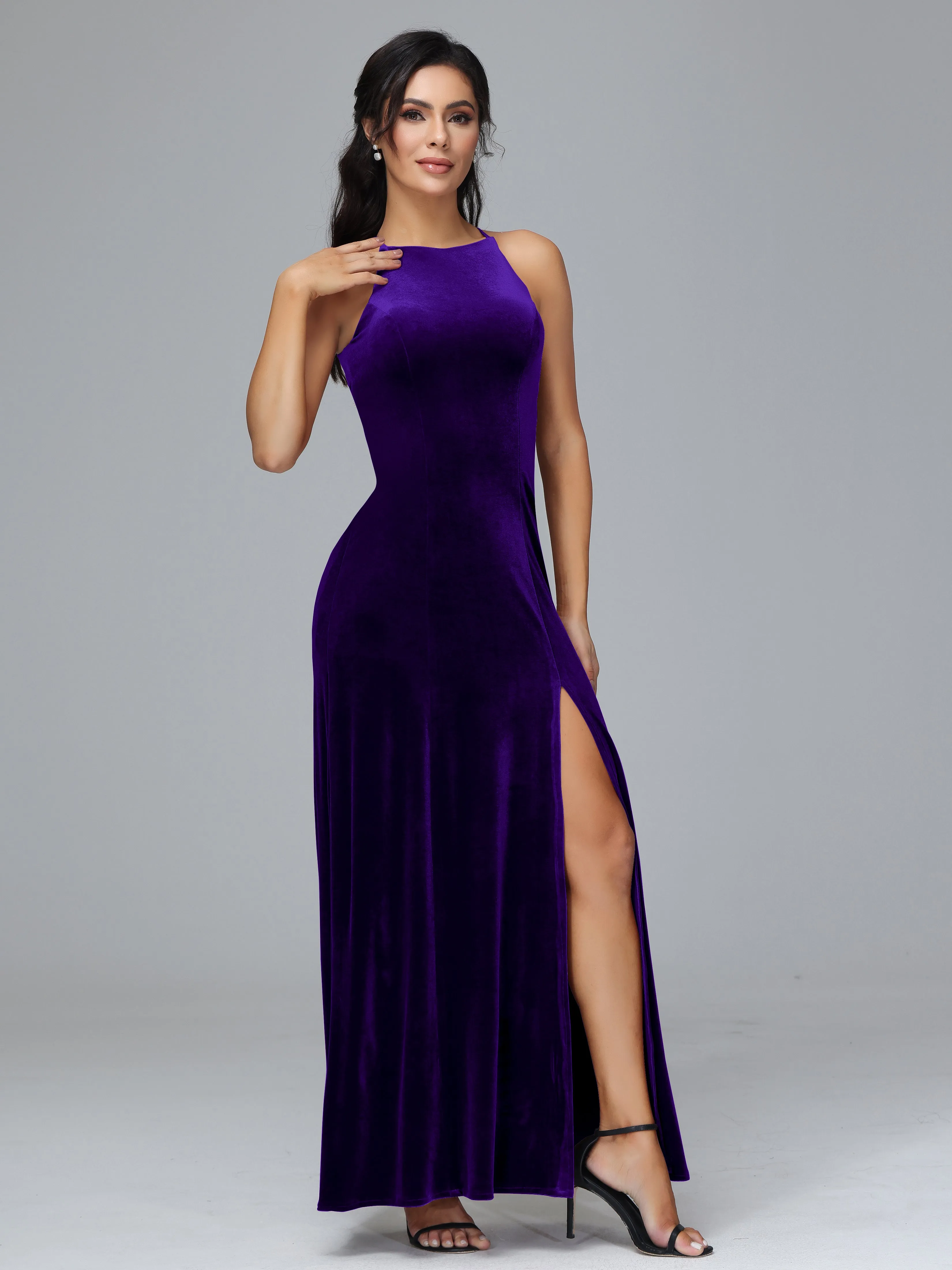 Halter Sleeveless Velvet Bridesmaid Dresses With Split