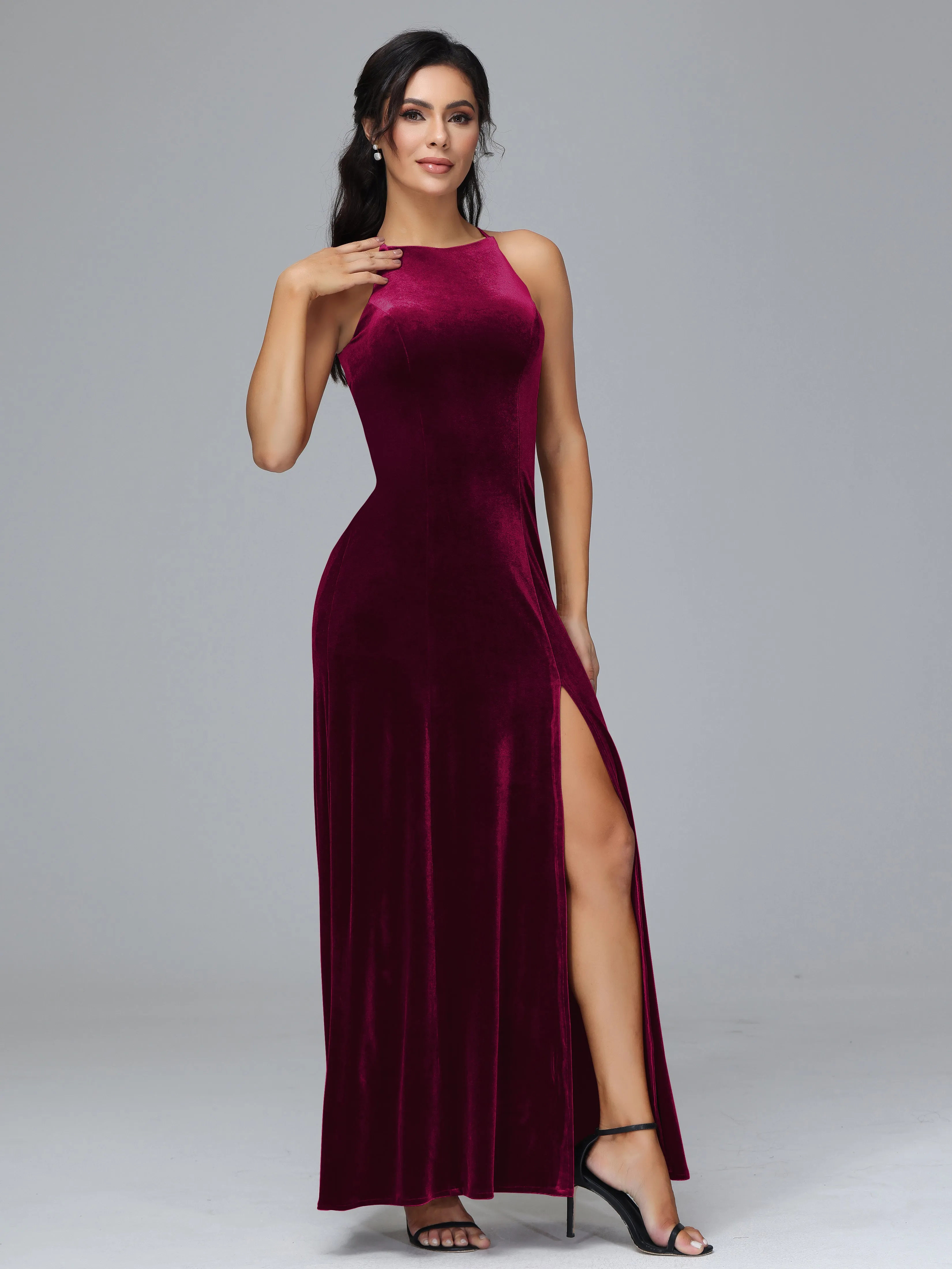 Halter Sleeveless Velvet Bridesmaid Dresses With Split