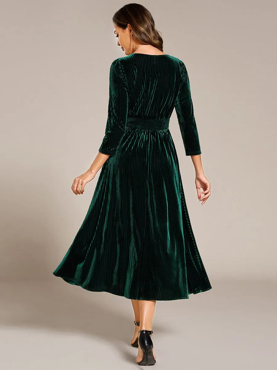 Ida | Long Sleeve High Stretch Velvet Tea Length Wedding Guest Dress