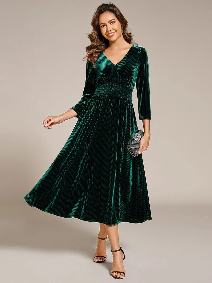 Ida | Long Sleeve High Stretch Velvet Tea Length Wedding Guest Dress