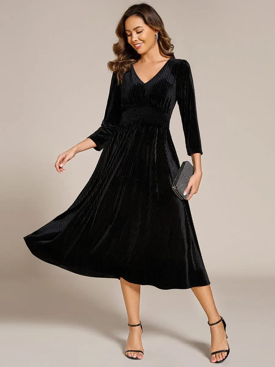 Ida | Long Sleeve High Stretch Velvet Tea Length Wedding Guest Dress