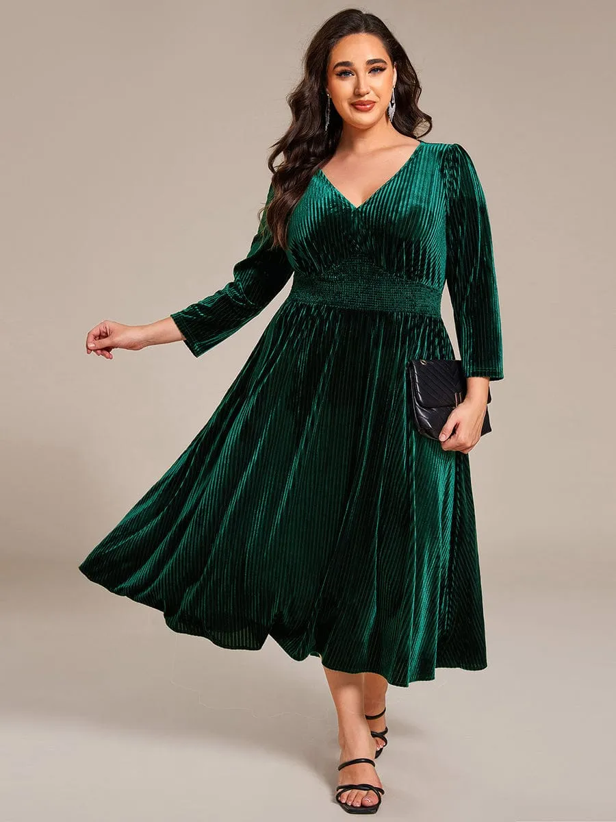 Ida | Long Sleeve High Stretch Velvet Tea Length Wedding Guest Dress