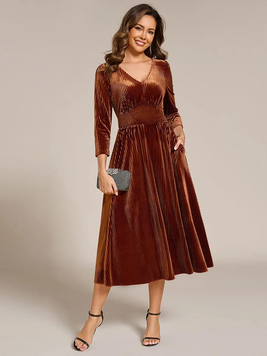 Ida | Long Sleeve High Stretch Velvet Tea Length Wedding Guest Dress