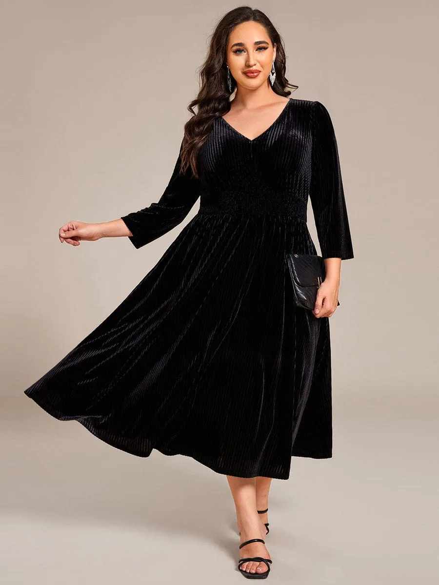 Ida | Long Sleeve High Stretch Velvet Tea Length Wedding Guest Dress