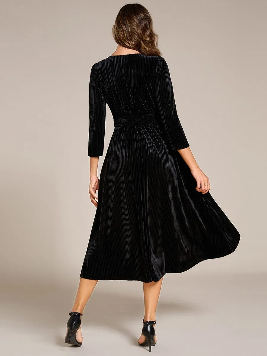 Ida | Long Sleeve High Stretch Velvet Tea Length Wedding Guest Dress