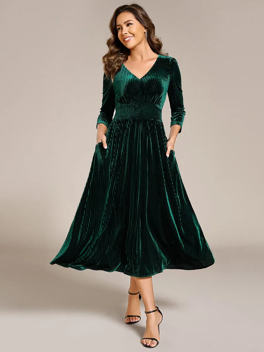 Ida | Long Sleeve High Stretch Velvet Tea Length Wedding Guest Dress