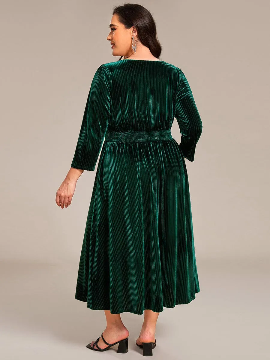 Ida | Long Sleeve High Stretch Velvet Tea Length Wedding Guest Dress