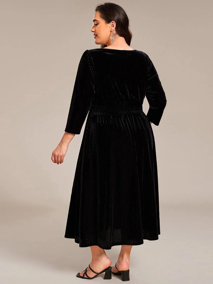 Ida | Long Sleeve High Stretch Velvet Tea Length Wedding Guest Dress