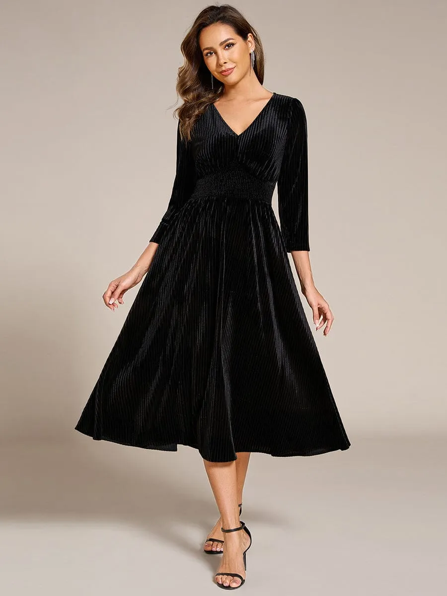 Ida | Long Sleeve High Stretch Velvet Tea Length Wedding Guest Dress