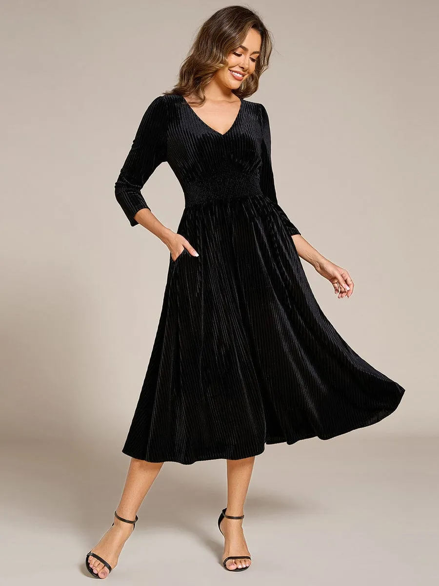 Ida | Long Sleeve High Stretch Velvet Tea Length Wedding Guest Dress