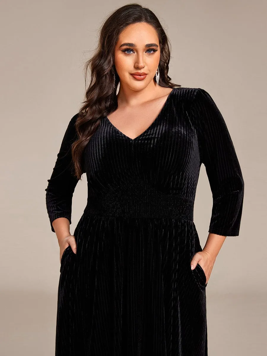 Ida | Plus Size Elegant Pleated Velvet Stretchy Tea Length Wedding Guest Dress