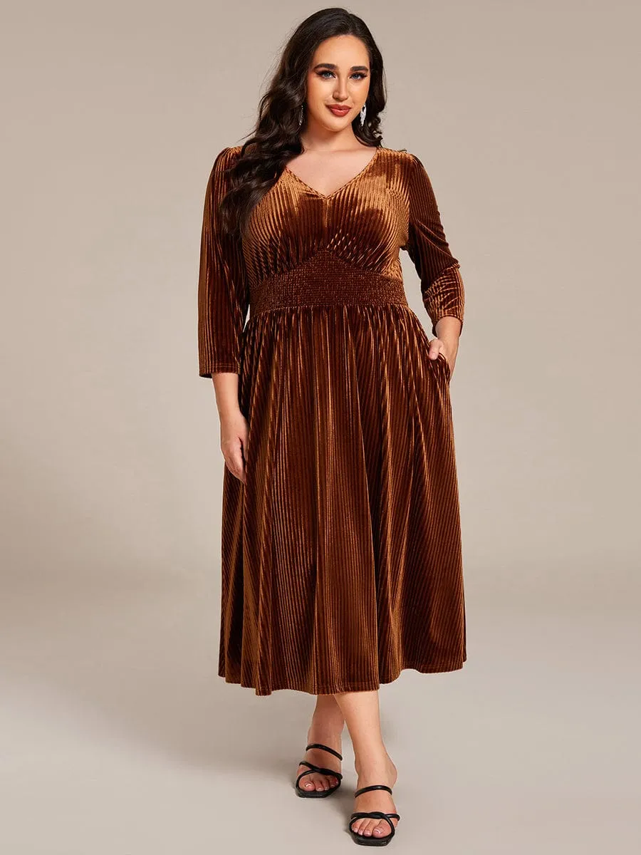 Ida | Plus Size Elegant Pleated Velvet Stretchy Tea Length Wedding Guest Dress