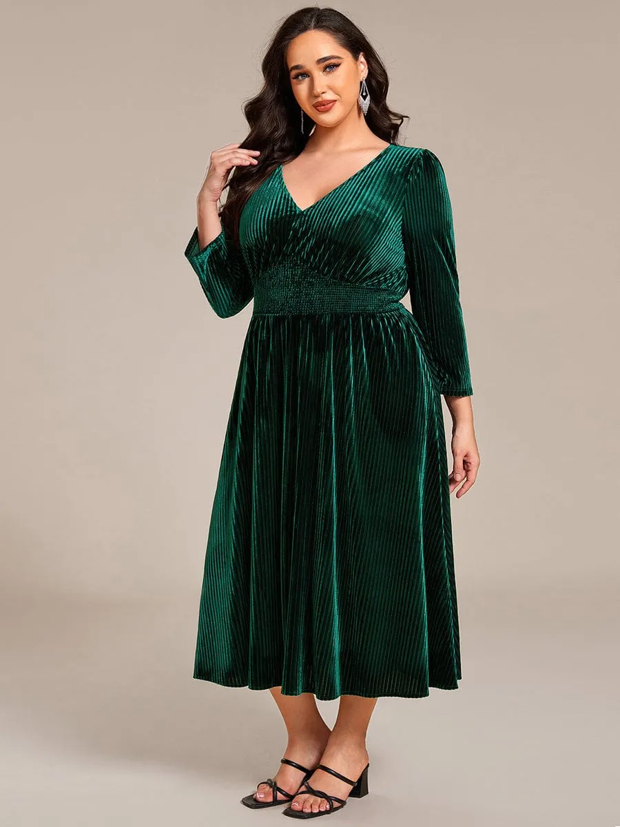 Ida | Plus Size Elegant Pleated Velvet Stretchy Tea Length Wedding Guest Dress