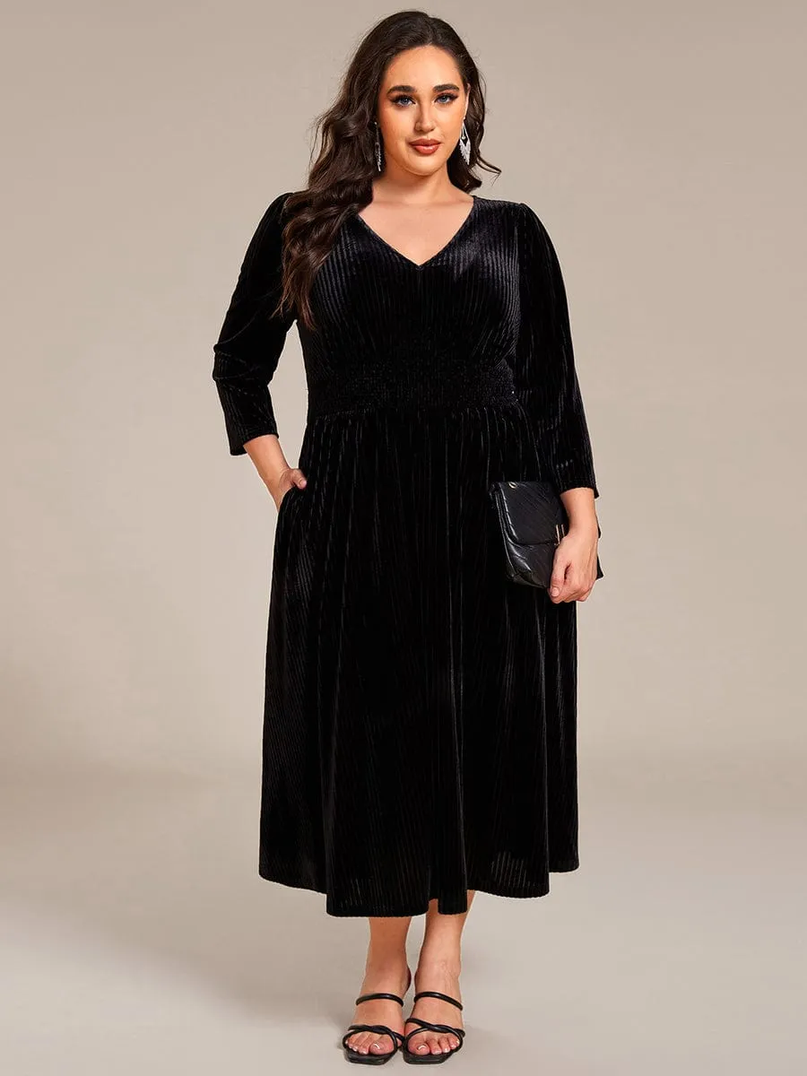 Ida | Plus Size Elegant Pleated Velvet Stretchy Tea Length Wedding Guest Dress